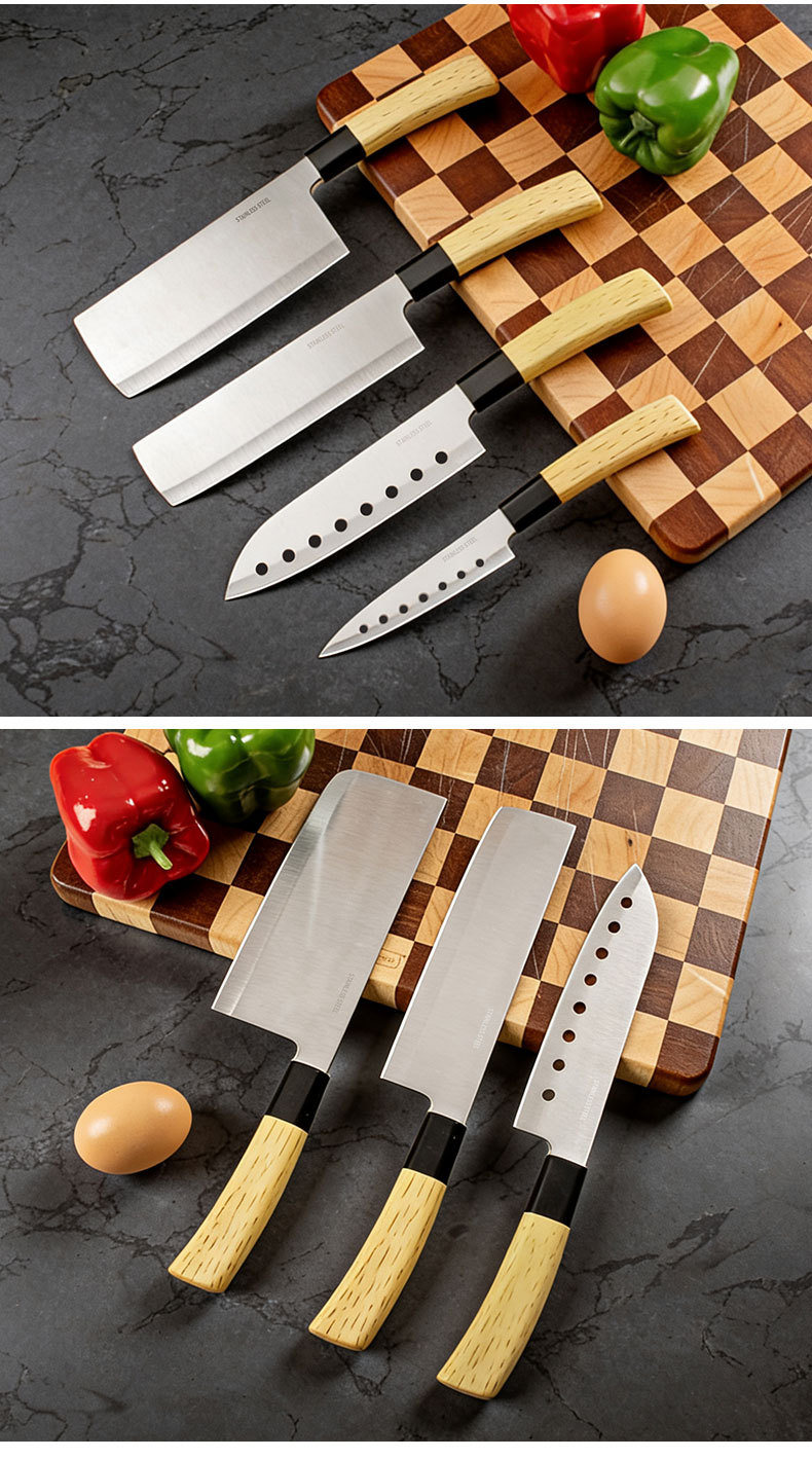 Set od 4 komada kuhinjskih noževa od nerđajućeg čelika, oštri i izdržljivi, kućni kuhinjski nož, oštrica sa izbušenim kružnim rupama, drvena drška za nož za voće i povrće