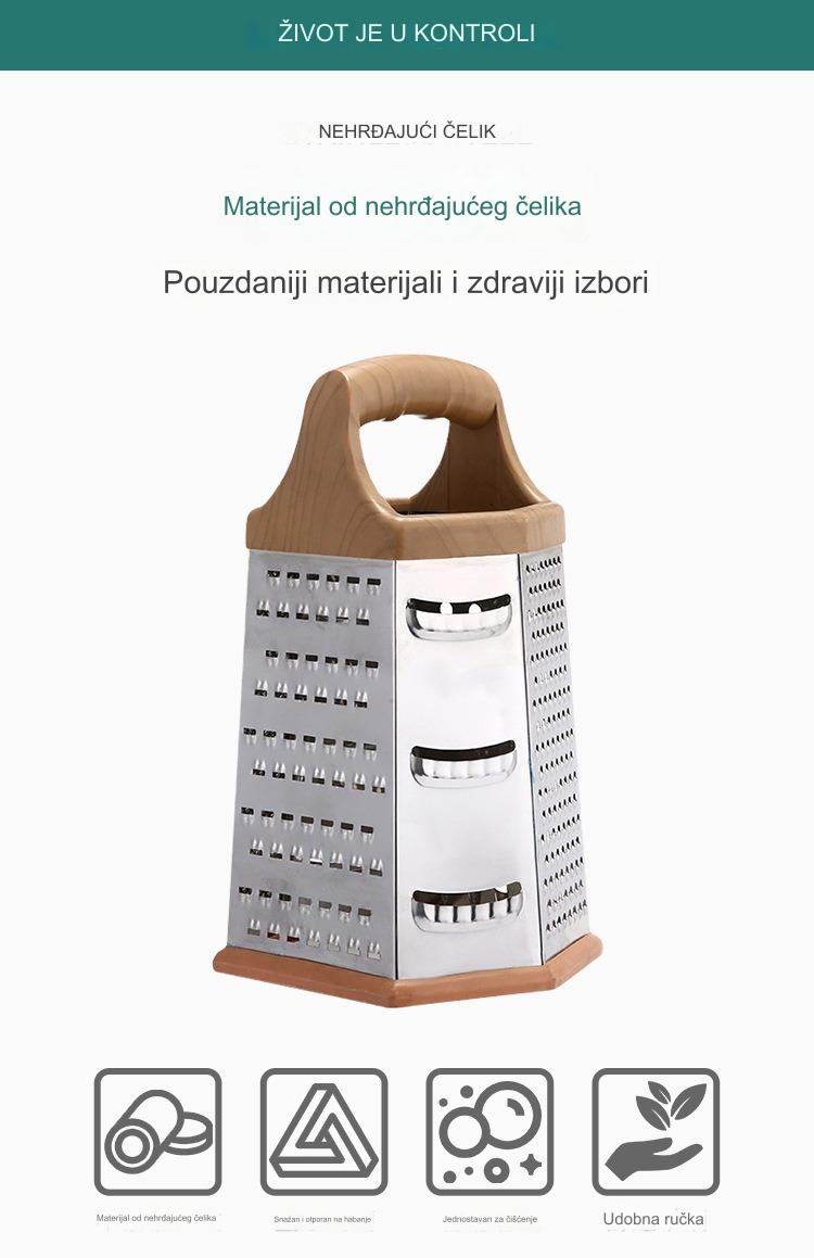 Višenamenski 6-u-1 Robusni Nerđajući Čelični Piling & Seckalica za Povrće - 6-strani Planer sa Sečivom za Sečenje, Ribanje, Rendanje, Seckanje - Kompaktni Kuhinjski Alat za Voće, Povrće, Sir, Orašaste Plodove & Bilje - Lako