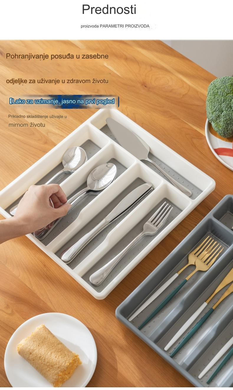 Zidni organizator za kuhinjski pribor sa pregradama za blokove i pribor - Izdržljiv ABS beli i drveni izgled (Montaža bez alata) - Štedi prostor, fioka/traka za noževe, viljuške, kašike, špatule, mutilice