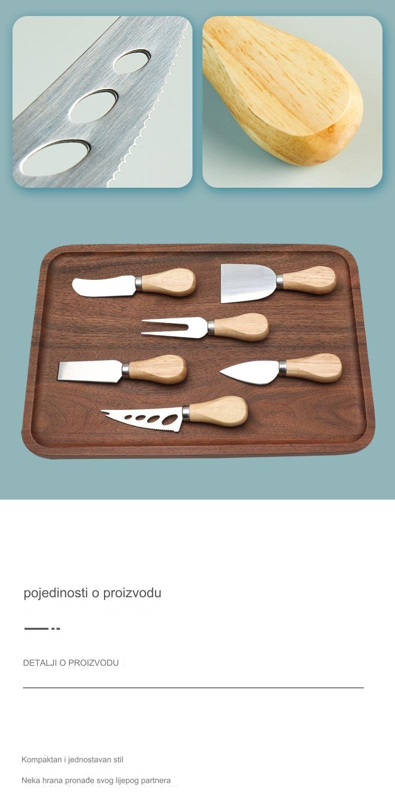 Set noža za sir i sekača za pizzu od nerđajućeg čelika sa drvenom drškom - Oštrica za teške uslove, višenamenski nož za tortu i posuđe, pogodan za posluživanje na zabavama, sečenje sira