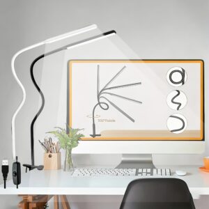 Jedna LED stona lampa sa štipaljkom i fleksibilnim guščijim vratom, dizajnirana da štiti vaše oči dok pruža osvetljenje za rad za različite prostore kao što su sobe, domovi, spavaće sobe, radne sobe i kancelarije, sa 360° podesivim dizajnom i napajanjem preko USB-a.