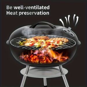 Prenosivi roštilj na ćumur dimenzija 14 inča/36 cm, sa duplim otvorima za ventilaciju i hvatačem pepela, dizajniran sa emajliranim toplinski otpornim livenim gvožđem u stilu kante, savršen za kampovanje, okupljanja u dvorištu i kuvanje na otvorenom.