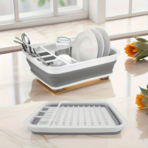 Prostrani sklopivi stalak za oceđivanje i skladištenje / Svestrani organizator za pribor sa više pregrada / Čvrsti kuhinjski organizator za radnu površinu – Multifunkcionalni stalak za odlaganje tanjira, idealan za posuđe i tanjire od nerđajućeg čelika