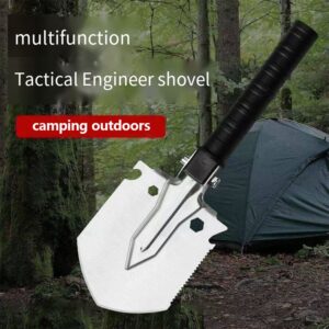Višenamenska lopata za kampovanje od nerđajućeg čelika | 7-u-1 teška baštenska lopata, alat za izgradnju preživljavanja sa kompasom i funkcijom testere, bez magnezijumske šipke/kremena