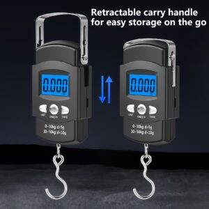 Prenosiva digitalna vaga sa kapacitetom od 110 funti ili 50 kilograma, precizno merenje do 0,1 funte. Uključuje LCD displej sa pozadinskim osvetljenjem, funkciju tare i dolazi sa metrom od 1 metar, idealna za merenje prtljaga, tereta ili riba