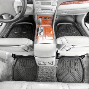 Kolekcija od četiri crne vinil podne prostirke koje se mogu seći po meri, dizajnirane za vozila uključujući automobile, kamione i SUV vozila