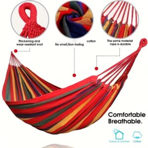 Set ležaljki za kampovanje za dve osobe – Izdržljiva crveno-bela prugasta ležaljka protiv prevrtanja, napravljena od izdržljivog platnenog materijala, sa čvrstim zakrivljenim drvenim postoljima | Unutrašnja ljuljaška, pogodna za bašte, kampovanje, balkone, na otvorenom