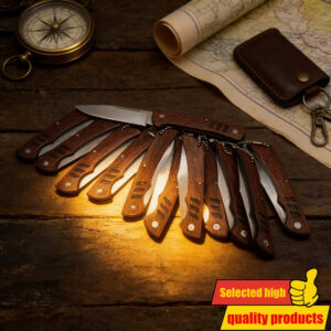 12 komada sklopivih noževa za privezak – Alati sa drvenom drškom za svakodnevno otvaranje paketa i kampovanje