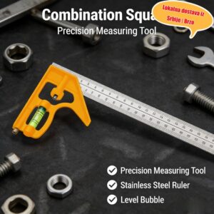 Profesionalni čelični kvadratni ugao sa pokretnim uglom od 90° i horizontalnom skalom – Osnova pogodna za stolarstvo, građevinarstvo, merenje uglova i udaljenosti za građevince i hobiste
