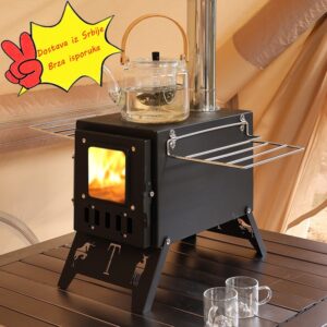 Sve-u-jednom Nerđajući Čelični Spoljni Kamp Šporet – Prenosivi Drveni Stoni Grejač i Roštilj Pogodan za Grevanje Šatora, Dvorišni Logorski Ognj, Piknik, Kamin, Kompaktan za Spoljnu Upotrebu (Bez Sistema za Paljenje)