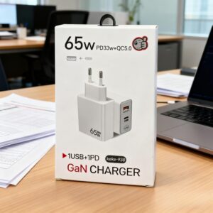 Punjač GaN od 65W sa EU utikačem, 2-port USB C PD i USB A QC 5.0 adapter za brzo punjenje za laptop, telefon, tablet (Lokalna dostava iz Srbije)