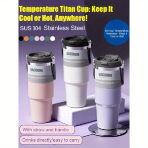 Termo čaša velikog kapaciteta sa ugrađenom slamkom – Vakuumski izolovana termosica od nerđajućeg čelika, nepropusna putna šolja s ručkom, održava piće toplim/hladnim 48 sati, mat završnica za kafu, čaj, hladne napitke – Idealno za kancelariju, kampovanje, teretanu, svakodnevnu upotrebu – Kompatibilna sa poklopcem sa slamkom, oprema za hidrataciju tokom vežbanja, elegantnog dizajna, izdržljiva posuda za piće