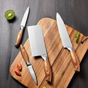 Set kuhinjskih noževa 4 komada, vrhunski oštri | Sečiva od visokougljeničnog nerđajućeg čelika, drvene drške, idealni za sečenje voća i povrća