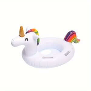 Bežični plišani plivački prsten sa sigurnosnom sedištem – Debljina dizajna za dečake i devojčice, anti-rol-over osnova, izdržljiv lateks materijal, bela sa šarenim jednorogom ukrasom, savršeno za avanture u bazenima