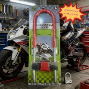 Biciklistička brava u obliku slova U, protivprovalna brava za motocikle i električne skutere, lokalna dostava u Srbiji, ima dvostruke mehanizme zaključavanja otporne na sečenje i okidanje