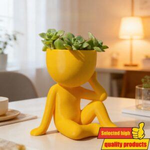 Kreativni Razmišljač Humanoid Saksija za Cveće, Žuta Crtana Sukulent Saksija, Lokalna Dostava iz Srbije, Dekorativna Vaza za Radni Sto