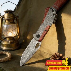 Džepni nož sa damaskim uzorkom – Drvena drška, alat za svakodnevnu upotrebu i kampovanje
