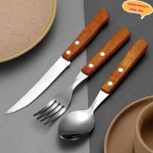 Set pribora za jelo od nerđajućeg čelika sa drvenom drškom – Zapadnjački pribor uključujući noževe za biftek, kašike za desert i viljuške za kućnu i hotelsku upotrebu