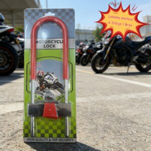 Biciklistička brava u obliku slova U, protivprovalna brava za motocikle i električne skutere, lokalna dostava u Srbiji, ima dvostruke mehanizme zaključavanja otporne na sečenje i okidanje
