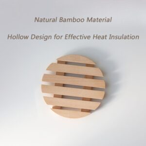 1 komad okrugla bambusova podloga za toplotnu izolaciju i zaštitu od opekotina, pogodna za sto, sa šupljim otvorima za ventilaciju, neklizajuća podloga za lonce i tiganje, lako se kači za jednostavno skladištenje u malim prostorima, bambusova podloga za sto
