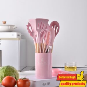 Šareni set od 12 silikonskih kuhinjskih pribora sa drvenom drškom, visoko otporni na toplotu, lopatica, kutlača sa prorezima, zahvatna kašika, set za okretanje tiganja, nasumična boja
