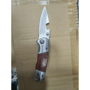 Sklopivi nož sa metalnom drvenom ručkom i vezicom | Prenosiv, sečivo 9 inča, ukupna dužina 19 inča, nerđajući čelik, sečivo ovčje stopalo, složeni kosi rub, ambidekstralni, lagan – Idealan za piknik na otvorenom, otvaranje flaša, kožarstvo