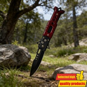 Višenamenski sklopivi nož sa crvenom drškom – Idealno za avanture na otvorenom i svakodnevnu upotrebu