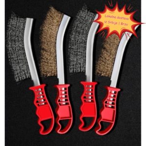 Četka za industrijski nož sa oštrim čeličnim žicama i crvenom plastificiraną drskom – Čvrsta konstrukcija od obloženog metala, ergonomska ručica za uklanjanje rđe، poliranje， brušenje、 deburring i pripremu površine – Idealna za radionice, građevinu, automobilistiku, kuhinju, toletet, baštu – Izdržljiva metalna četka za teže poslove abrazivno ribljenje і poliranje sa čvórstom plastičnom drъškom and bakarnim obloženim cheličnim žicám