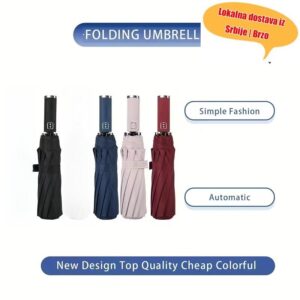 Moderan automatski sklopivi kišobran sa otvaranjem i zatvaranjem, otporan na vetar, sa 10 rebara, pogodan za sunčano i nečisto vreme, dizajniran za putovanja sa ergonomskom plastičnom drškom – dostupan u četiri boje