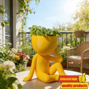 Kreativni Razmišljač Humanoid Saksija za Cveće, Žuta Crtana Sukulent Saksija, Lokalna Dostava iz Srbije, Dekorativna Vaza za Radni Sto