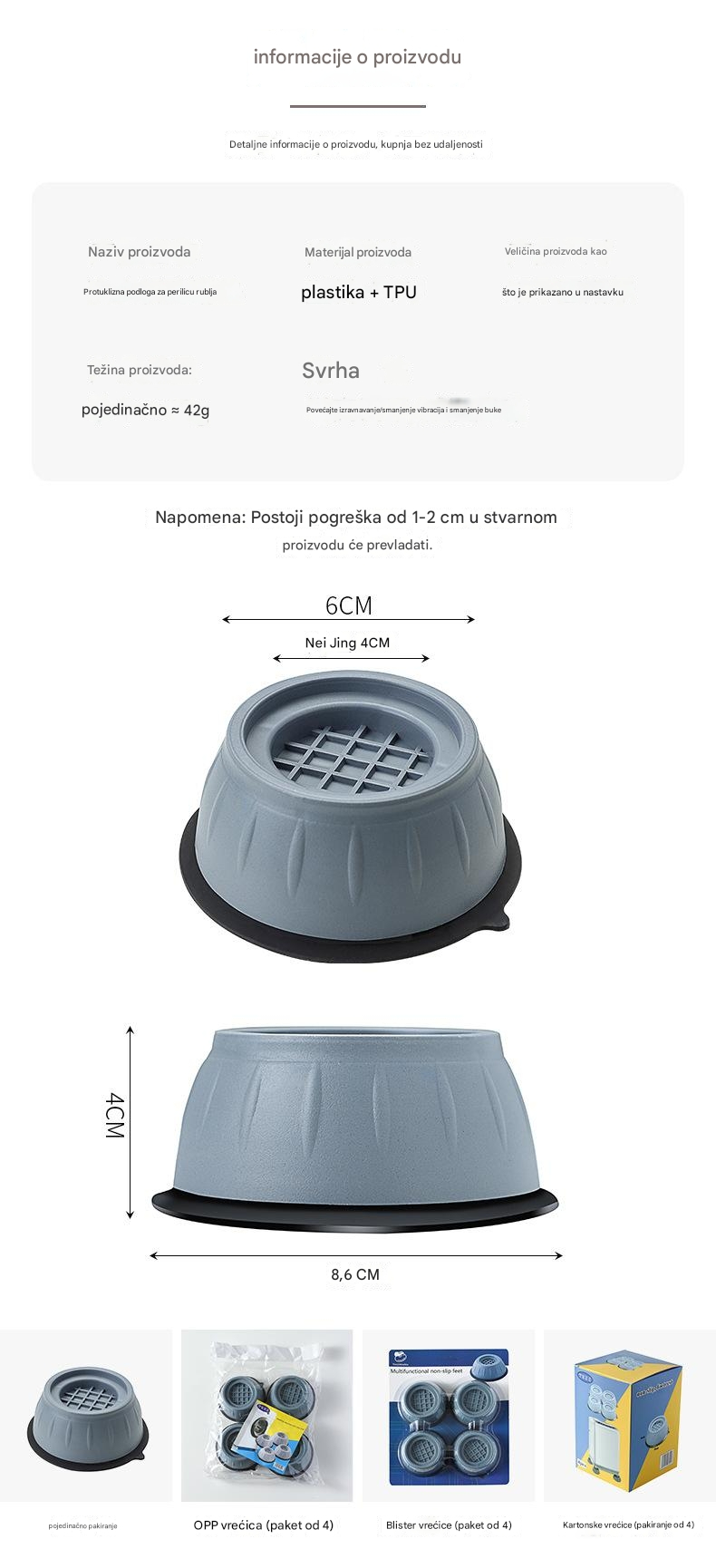 Teške neklizajuće podloge za veš mašine i nameštaj - Sivo/Crne antivibracione stabilizatore sa kompatibilnošću za bubanj/stolicu/sto/frizider, za vibracije uređaja (Izdržljive višenamenske podloge)