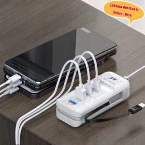 6-u-1 Adapter za brzo punjenje | 2×Usb-C Pd 65W, 2×Usb-A, Evropski standardni utikač, Uvlačivi kabl, Pogodan za putovanja i upotrebu u domaćinstvu