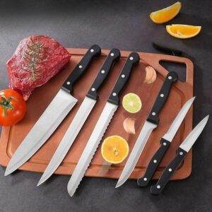 Set od 6 kuhinjskih noževa od visokougljeničnog nehrđajućeg čelika sa plastičnom drškom | Ultra oštri, uključuje nož za sečenje i nož za voće, oštrice od 304 nehrđajućeg čelika, drvene drške
