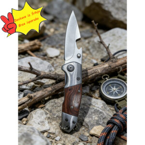 Sklopivi nož sa metalnom drvenom ručkom i vezicom | Prenosiv, sečivo 9 inča, ukupna dužina 19 inča, nerđajući čelik, sečivo ovčje stopalo, složeni kosi rub, ambidekstralni, lagan – Idealan za piknik na otvorenom, otvaranje flaša, kožarstvo