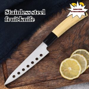 1 komad nož za voće od nehrđajućeg čelika, oštar i izdržljiv, kućni kuhinjski nož, oštrica sa izrezanim kružnim otvorom, drvena drška za voće i povrće