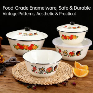 Set emajliranih činija sa poklopcima, retro cvetne emajlirane činije za mešanje, složivi kontejneri za skladištenje hrane za kuvanje, aktivnosti na otvorenom i piknike