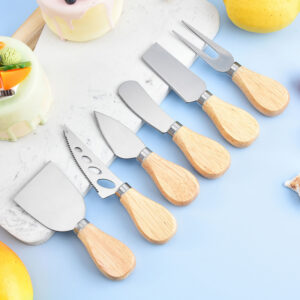 Set noža za sir i sekača za pizzu od nerđajućeg čelika sa drvenom drškom – Oštrica za teške uslove, višenamenski nož za tortu i posuđe, pogodan za posluživanje na zabavama, sečenje sira