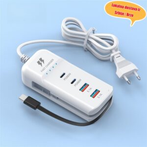 6-u-1 Adapter za brzo punjenje | 2×Usb-C Pd 65W, 2×Usb-A, Evropski standardni utikač, Uvlačivi kabl, Pogodan za putovanja i upotrebu u domaćinstvu