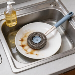 Cetka za ribanje od celicne vune sa dugom drskom za lonce