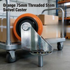 Ručna kolica sa osnovnim narandžastim okretnim točkovima, okretni točkovi sa šrafovima, okretni točkovi sa kočnicama, dostupne veličine 75mm i 100mm, lokalna dostava u Srbiji, industrijski točkovi