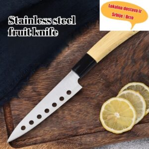 Nož za voće od nerđajućeg čelika sa oštrim i izdržljivim dizajnom, pogodan za upotrebu u domaćinstvu, sa šupljim kružnim sečivom i drvenom drškom za sečenje voća i povrća