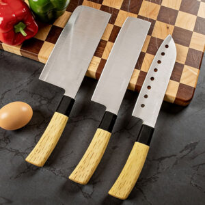 Set od 3 komada kuhinjskih noževa od nerđajućeg čelika sa oštrim i izdržljivim dizajnom, pogodan za kućnu upotrebu, sa šupljom kružnom oštricom i drvenom drškom za sečenje voća i povrća
