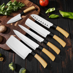 Premium set kuhinjskih noževa oštrih kao britva | Oštrice od visokougljeničnog nehrđajućeg čelika, drške u boji drveta, idealni za sečenje povrća i voća