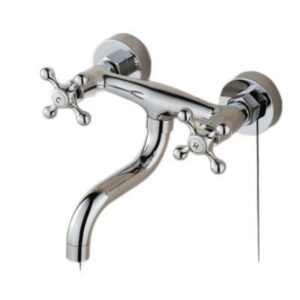 Kuhinjska slavina od punog mesinga sa zidnom montažom i dvostrukim ručkama za mešanje tople i hladne vode – klasičan brušeni finiš, jezgro ventila, jednostavna instalacija sa uključenim priborom, za veš, bazen, tuš, umivaonike u kupatilu – izdržljiva i otporna na koroziju