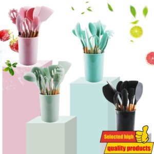 Šareni set od 12 silikonskih kuhinjskih pribora sa drvenom drškom, visoko otporni na toplotu, lopatica, kutlača sa prorezima, zahvatna kašika, set za okretanje tiganja, nasumična boja