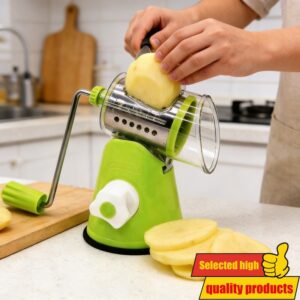 Ručna rezačica i rende za povrće sa ručnom ručicom i rotirajućim bubnjem – Izdržljivi višenamenski plastični procesor pogodan za sečenje, rendanje, seckanje krompira, šargarepe, luka, kupusa – Kompaktan za kuhinju, spoljašnju upotrebu