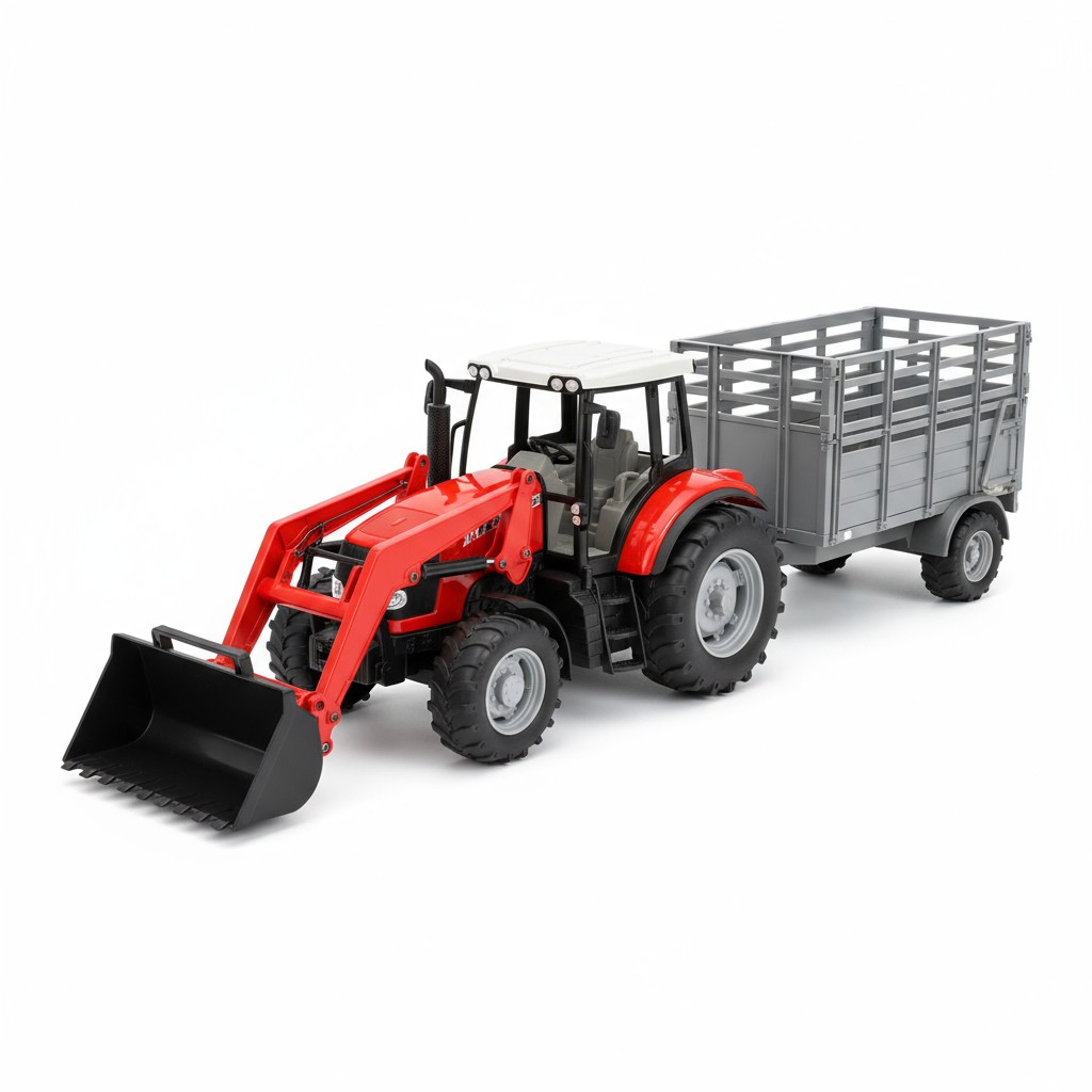 Crveni Traktor sa Utovarivacem i Prikolicom za Stoku