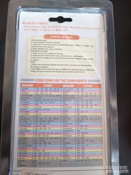 Daljinski za klimu KT 100A