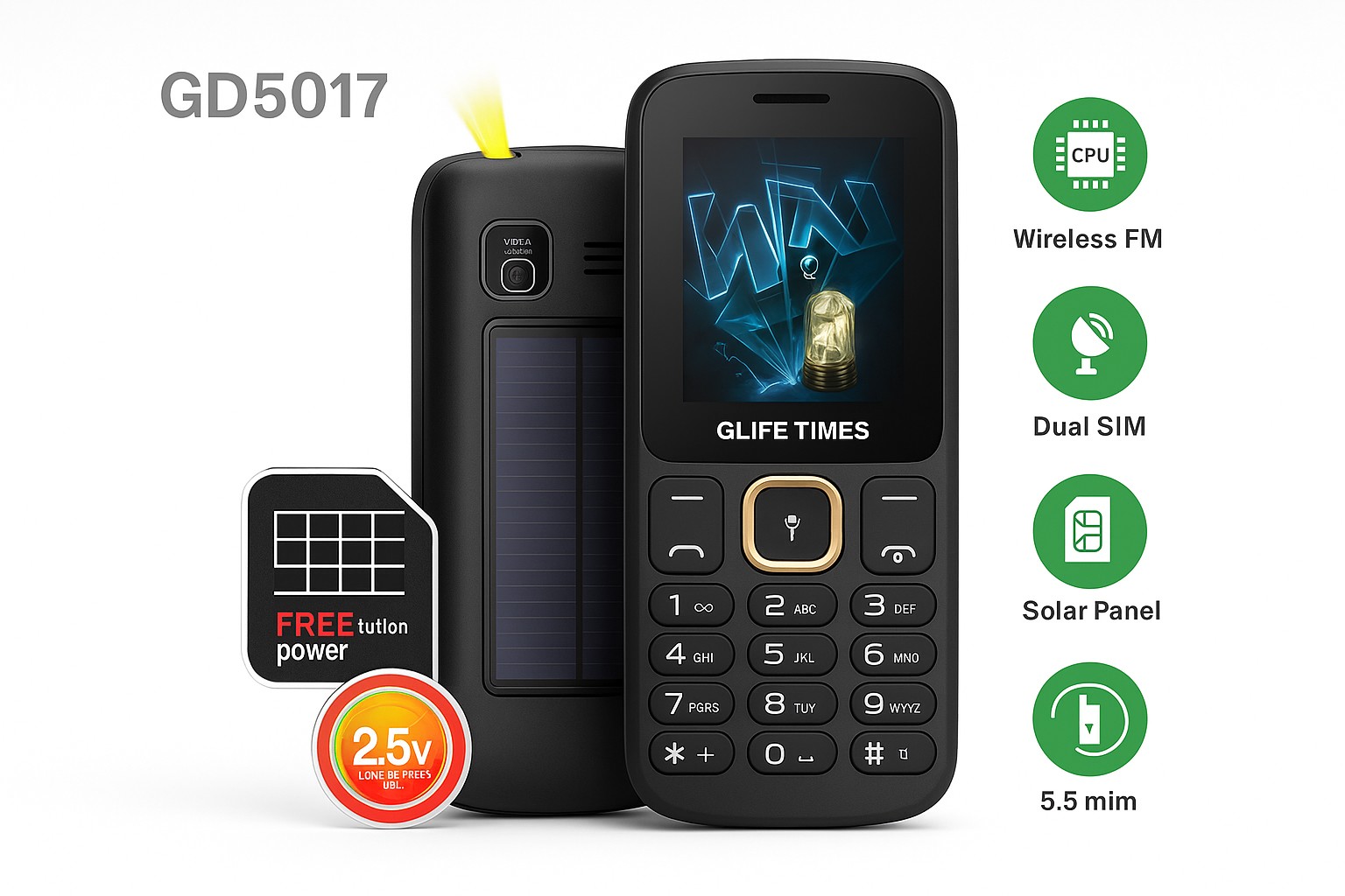 GDLIFE TIMES Mobilni Telefon GD5017 Solarno Punjenje i Dual SIM - Slika 3