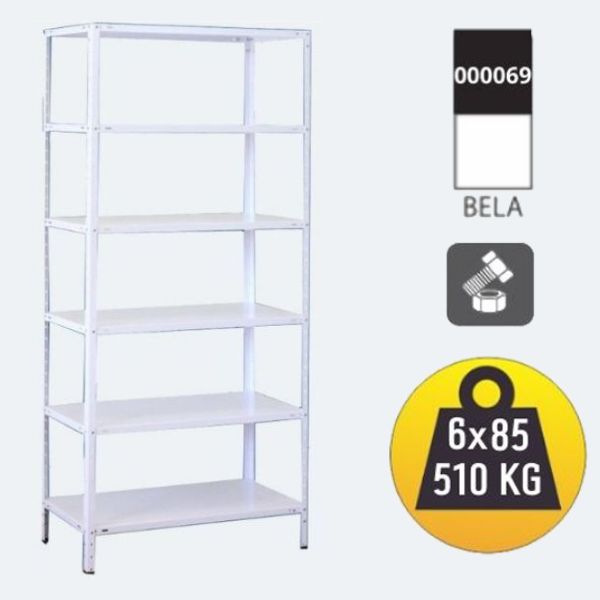 Polica metal metal 200x90x30cm 6x85kg bela